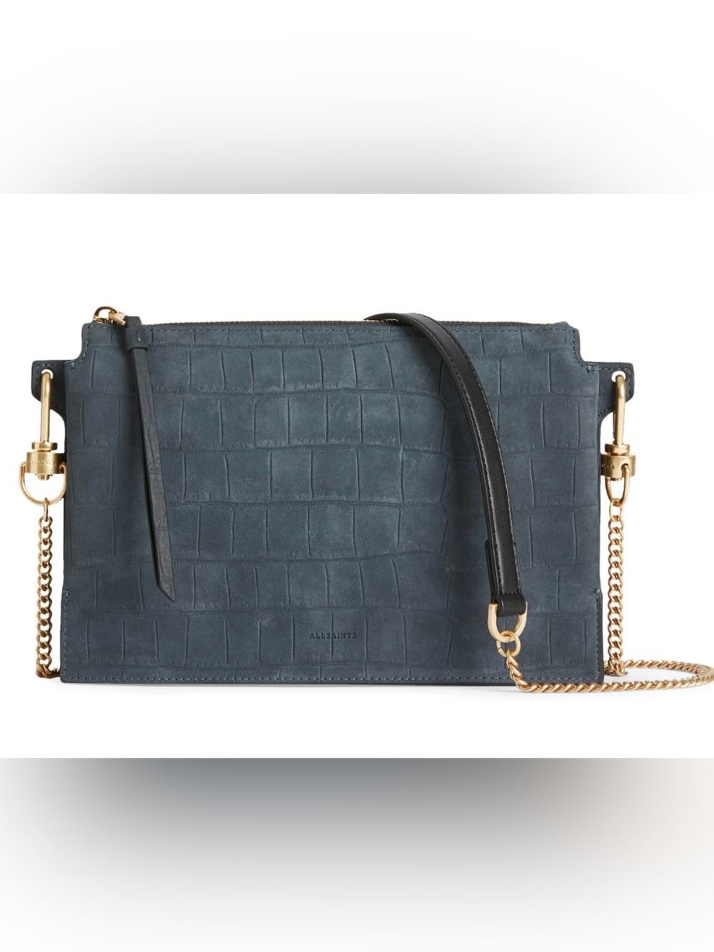 AllSaints Fletcher Croc-Embossed Leather Crossbody in Slate